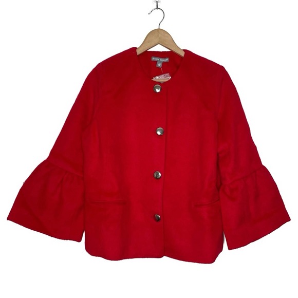 Jessica London Wool Button Down Jacket Bell Sleeve Red Coat - Picture 3 of 12